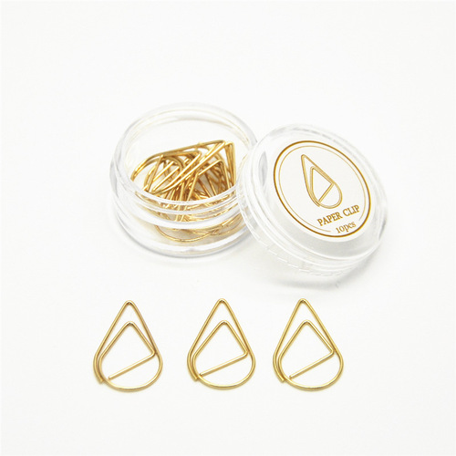Factory direct sale, water drop metal shape paper clip bookmark, small colorful creative paper clip in gold box