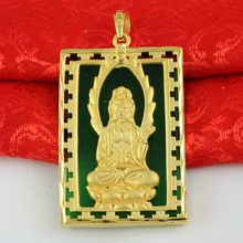 仿黄金镶玉方牌观音菩萨关公铜镀金镶宝石毛衣链吊坠男女沙金吊牌