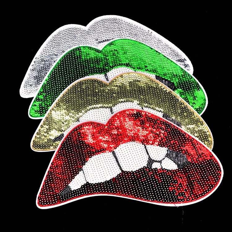 新款亮片嘴唇刺绣布贴背胶补丁贴服装装饰辅料珠片绣花贴章