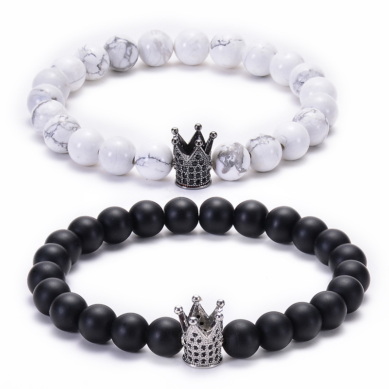 Amazon Hot Sale 8mm Frosted Stone Natural White Turquoise Couple Bracelet Copper Set Zircon Crown Beads Wholesale Amazon Hot Sale 8mm Frosted Stone Natural White Turquoise Couple Bracelet Copper Set Zircon Crown Beads Wholesale