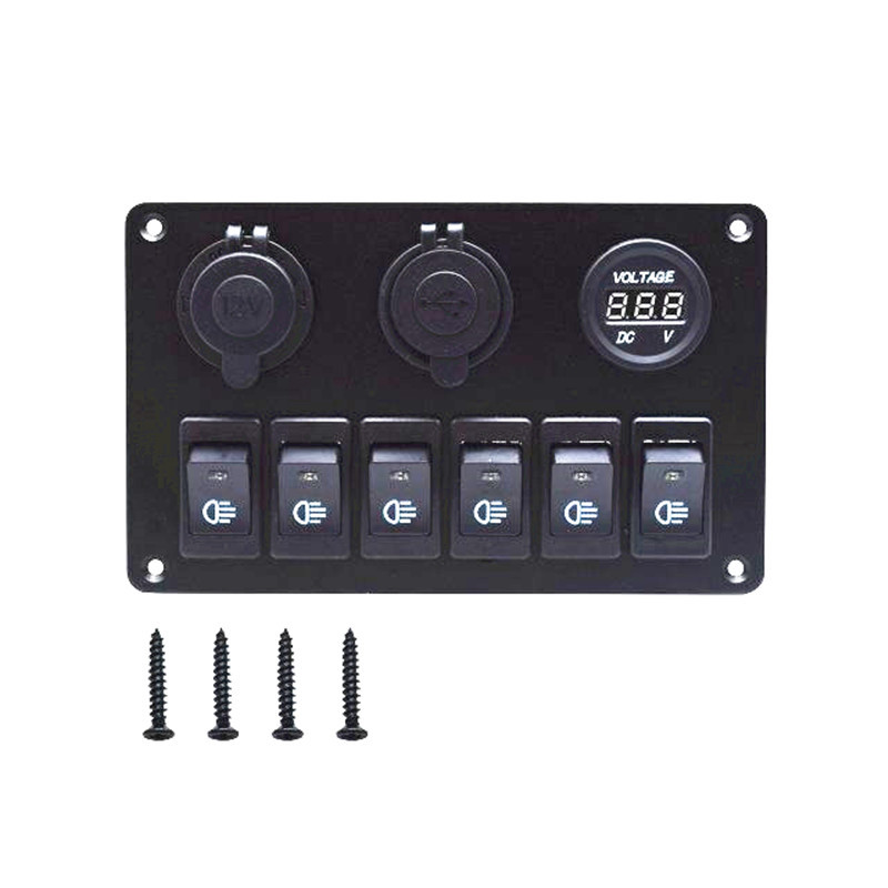 铝面板点烟器电源母座6组两档翘板开关电压表双USB口3.1ALED蓝灯