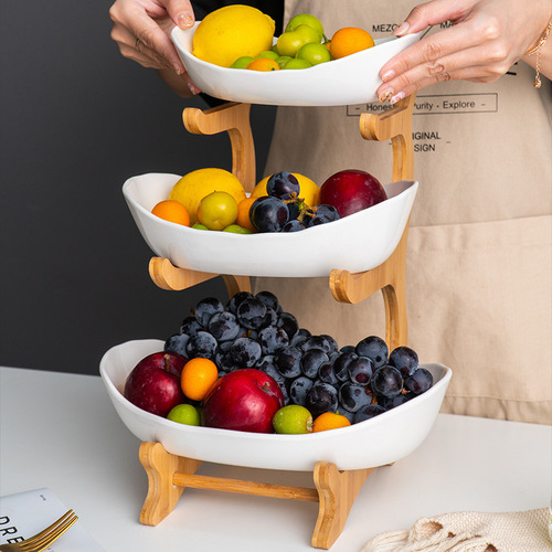 Creative three-layer multi-layer fruit tray European ceramic snack tray bamboo wood stand household sushi tray direct selling fruit basket