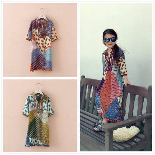 Mother and daughter summer dress new style beach ethnic cotton fabric seven-quarter sleeve long dress baby princess dress dropshipping