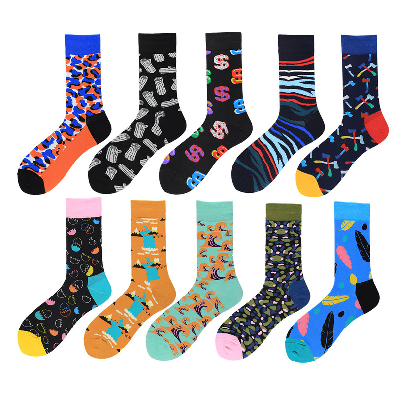 In stock trendy men's autumn and winter cotton mid-calf socks happy skateboard color contrast color stockings Amazon quick sale