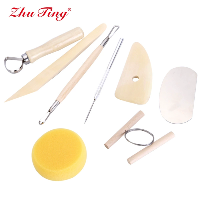 Ceramics, clay, wooden tools set, 8 pieces