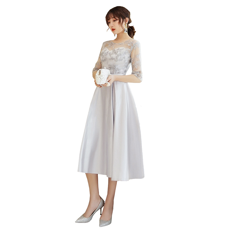 Vestido de dama de honor gris para mujer, nuevo modelo 2025, vestido de otoño para damas de honor, vestido de hermana, vestido de longitud media para banquete de boda, vestido de noche