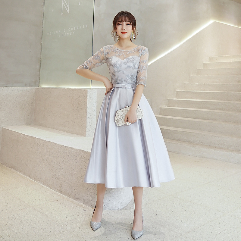 Vestido de dama de honor gris para mujer, nuevo modelo 2025, vestido de otoño para damas de honor, vestido de hermana, vestido de longitud media para banquete de boda, vestido de noche