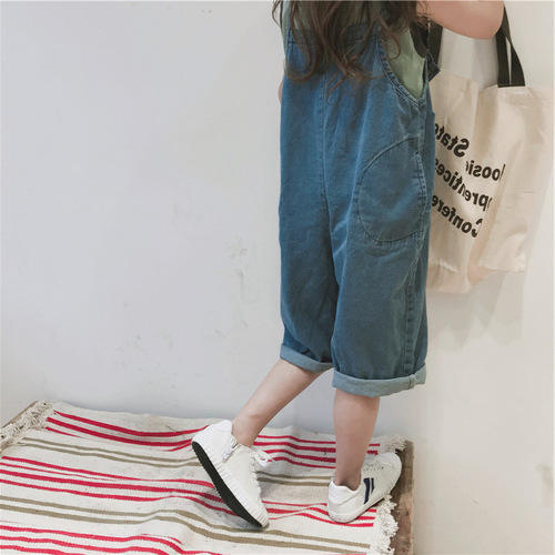 New summer style children's clothing, Korean style reversible overalls for girls, solid color denim wide leg pants for middle and large children