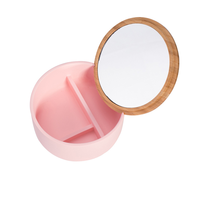 Espejo cosmético redondo simple con tapa caja de almacenamiento base de resina con tapa de bambú collar cosmético caja de espejo cosmético de escritorio