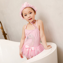 ins new children's swimsuit girls one-piece swimsuit ballet swan mesh baby korean style swimsuit swim cap