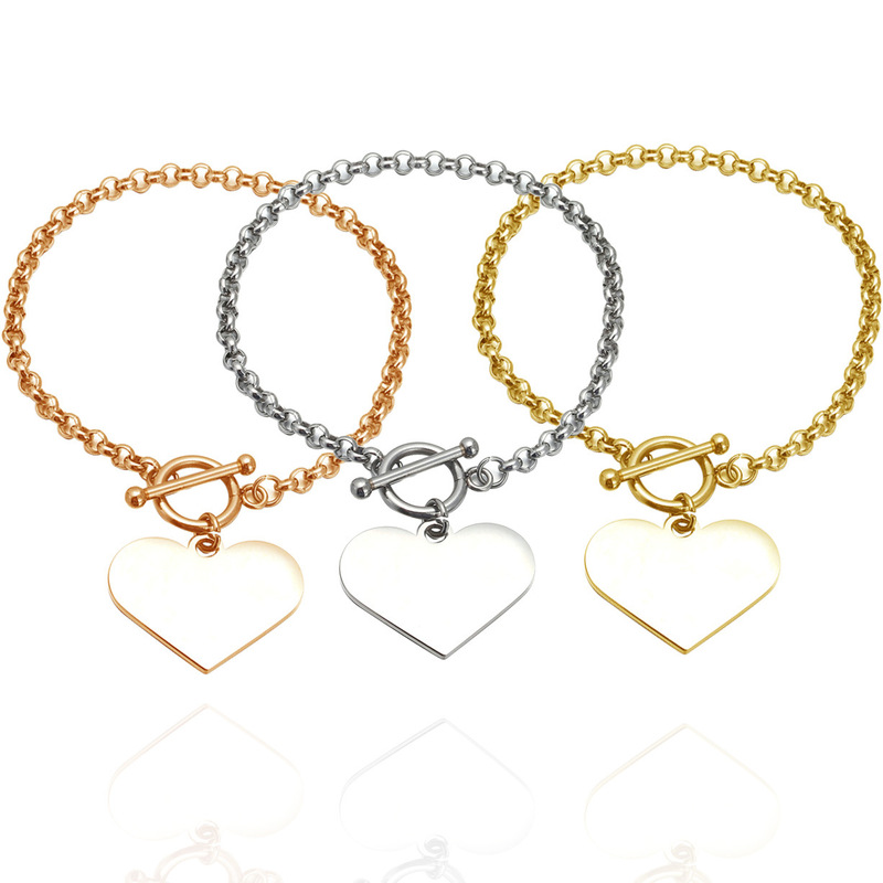 Women's Student Heart Bracelet Glossy Peach Heart Can Be Engraved Ot Buckle Cross Chain 304 Steel Jewelry Ready for Sale Simple