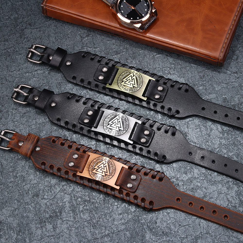 2PCS Nordic Viking Totem Leather Personalized Fashion Style Luen Triangle Letter Cowhide Bracelet_voghion.com