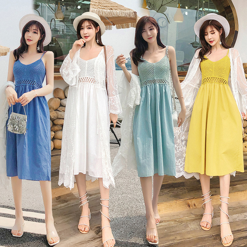 Summer New Shoulder Strap Dress Mid-length Korean-style Slim-fit All-match V-neck Stitching Hollow-out Dress