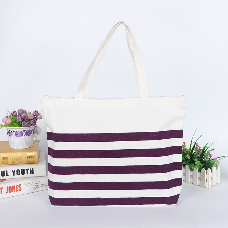 Los fabricantes suministran bolso de gran capacidad simple de dos colores a rayas bolsa de lona de fondo al por mayor