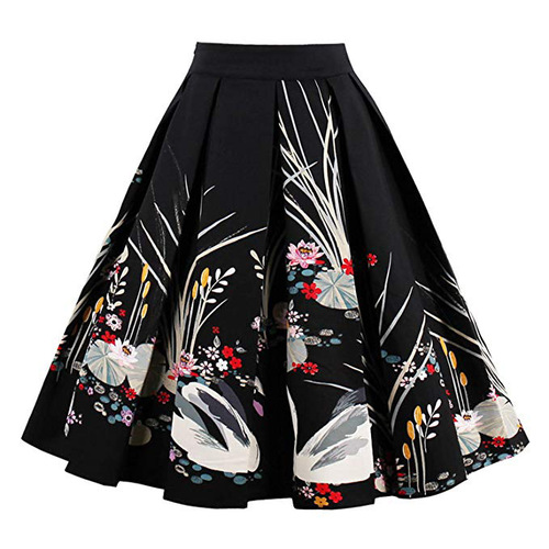 Amazon AliExpress Swan Print A-line Pleated Skirt with Cotton, European and American Factory Wholesale Shipping, High-Waisted Bohemian