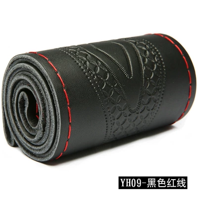 Genuine Leather fashion embossed Steering wheel cover - black-red-line-38cm