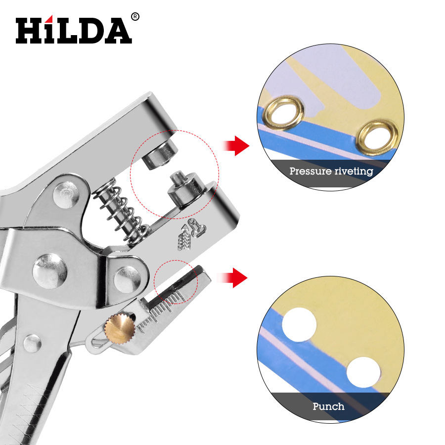 Hilda multi-función de perforación de agujero Alicates de ojo de pollo cinturón de metal anillo de perforación herramienta