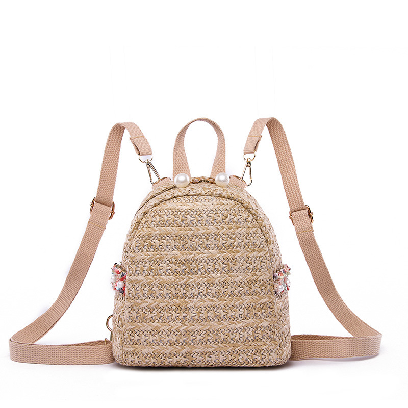 Cross-Border Lightweight Backpack Women's New Korean Style Straw Pearl Small Backpack Outdoor Casual Simple Women's Bag Trendy