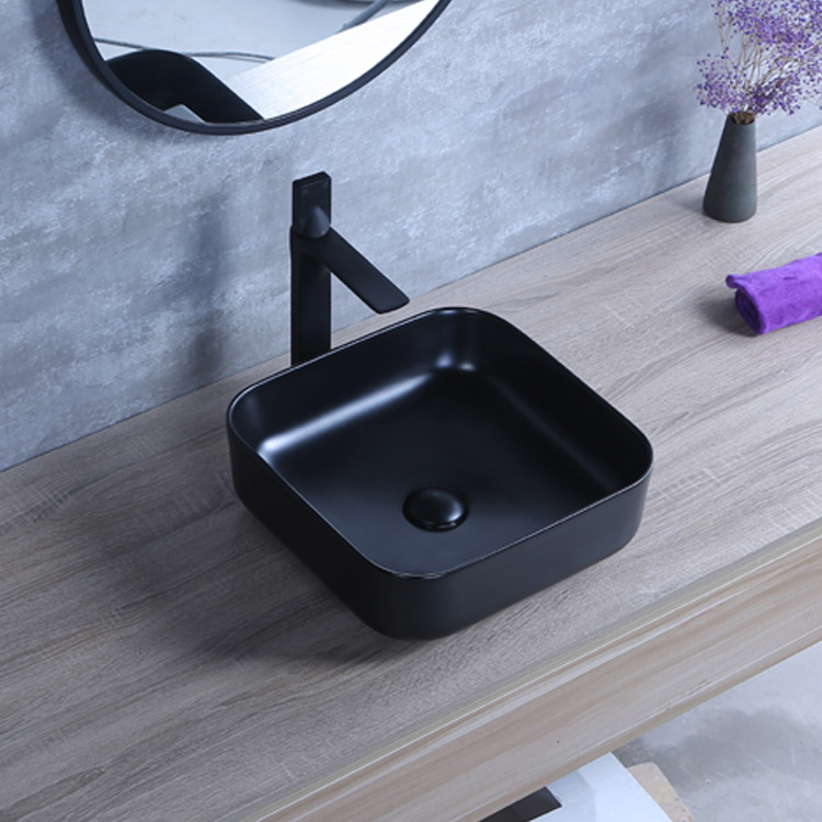Hengying lavabo cuenca artística mate negro cuadrado cuenca redondeada Estilo nórdico cerámica borde fino Hotel casa