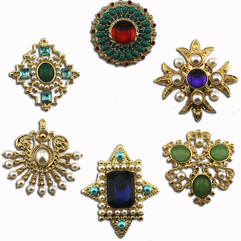 Vintage Baroque brooch resin glass six style fan pin antique cross Pearl corsage jewelry