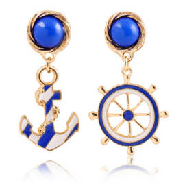 欧美风品牌时尚质感蓝白海军风船锚耳钉耳扣清新个性夸张耳环耳饰