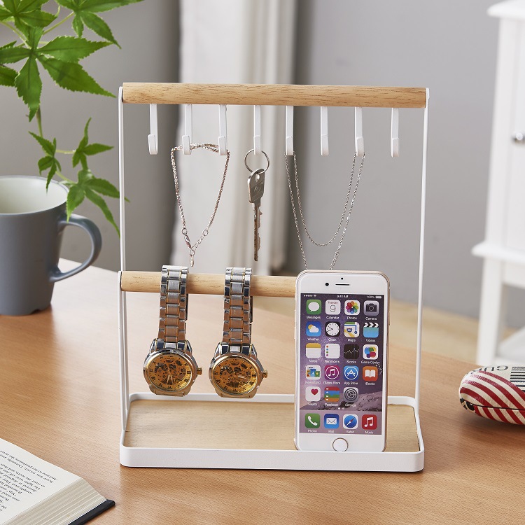 Inventario personalizado gancho estante de joyería para teléfonos móviles joyería gafas estante de exhibición de metal de escritorio de dos capas estante de almacenamiento