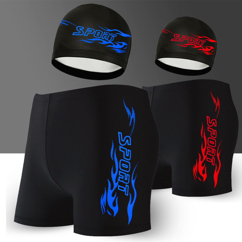 Traje de baño de los hombres + gorro de baño de tela de nylon boxeador de aguas termales Más tamaño traje de baño de moda natación llama natación troncos equipo