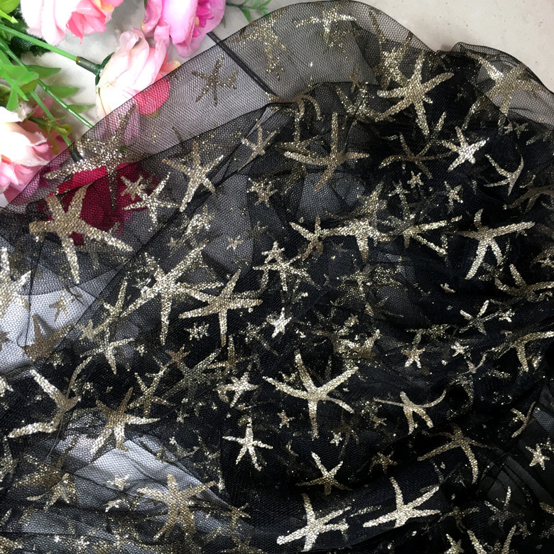 闪亮网纱星星烫金加密网布海星印金婚纱儿童礼服演出服舞台服面料
