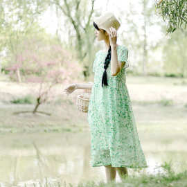 女装夏季新款纯苎麻数码印花连衣裙 文艺树叶苎麻连衣裙夏2019