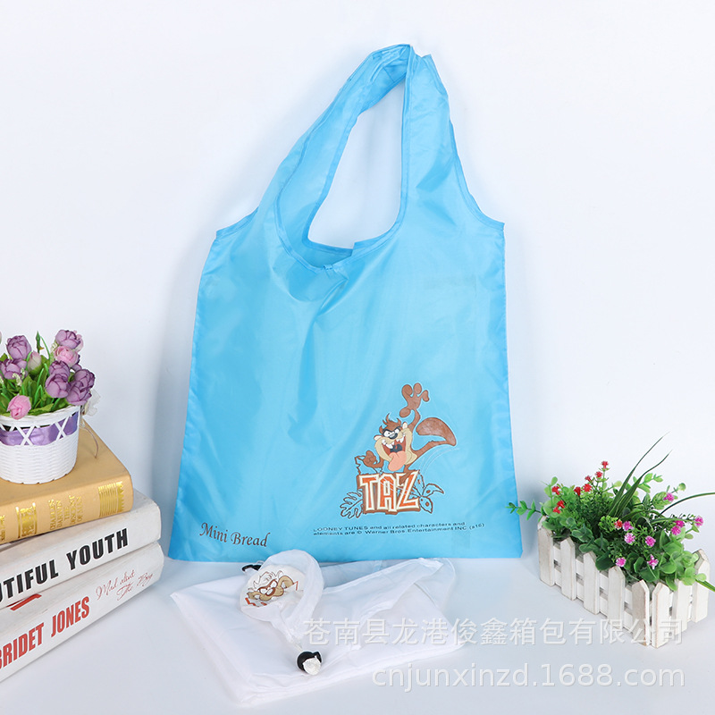 Comerciante al por mayor publicidad de dibujos animados de poliéster plegable bolsa de compras portátil creativa bolsa impresa LOGO