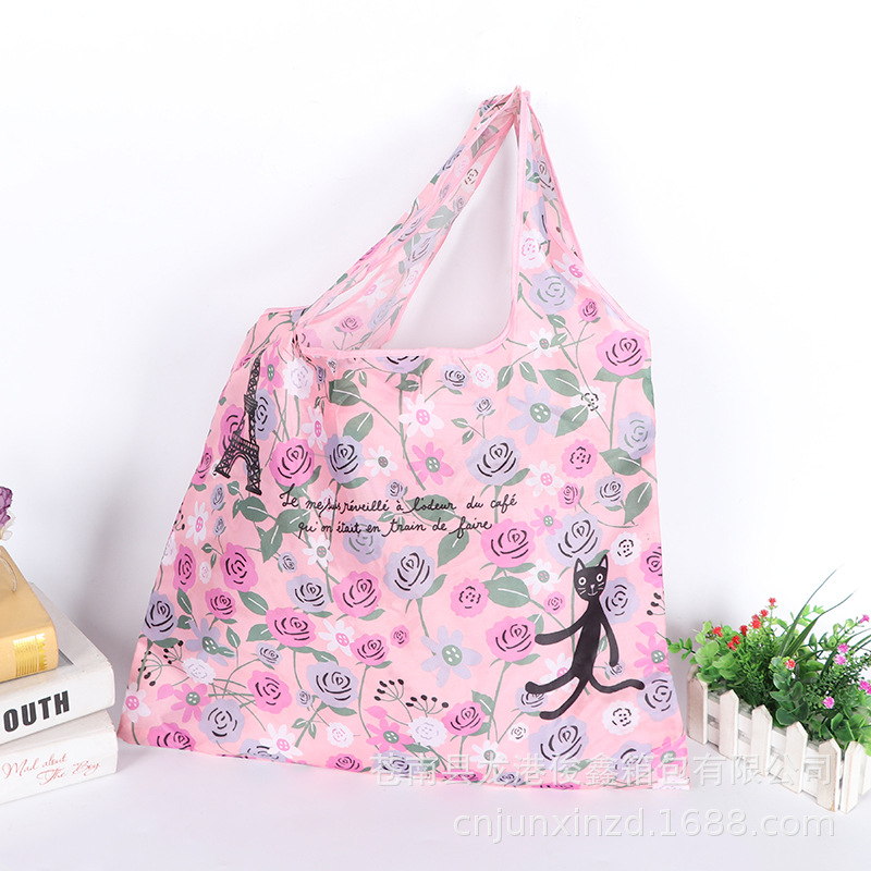 Venta al por mayor suministro portátil plegable publicidad compras bolsa de tela de poliéster creativo Rosa patrón regalo bolsa plegable