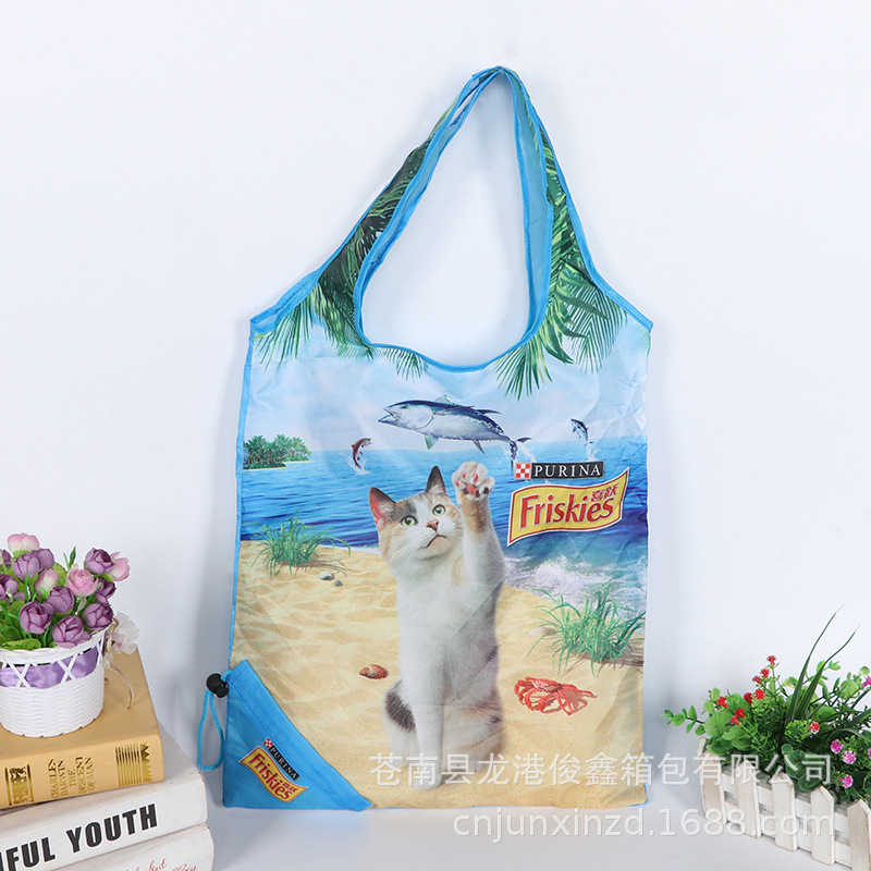 Comerciante al por mayor publicidad de dibujos animados de poliéster plegable bolsa de compras portátil creativa bolsa impresa LOGO