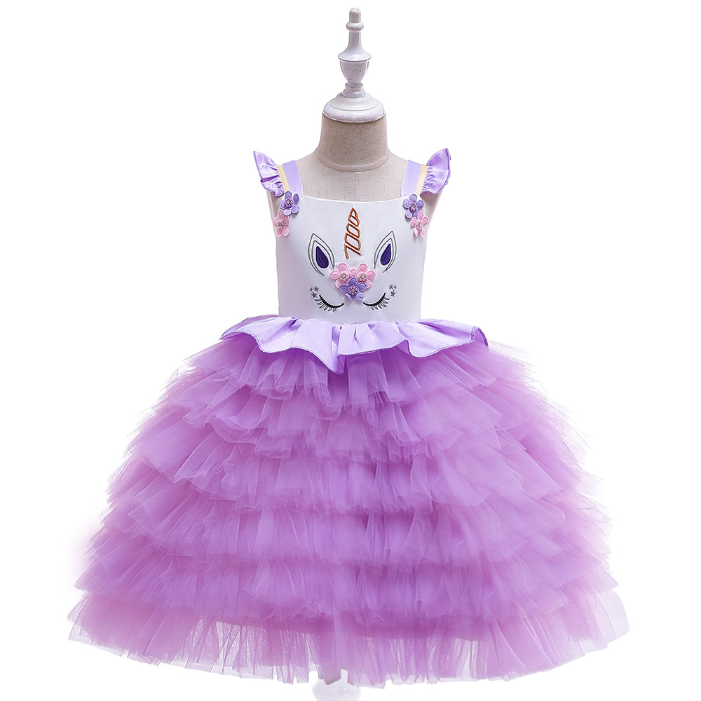 Cross Border Girl Dress Rainbow Unicorn Tail Dress Mesh Cake Dress Pony Cartoon Princess Dress cosplay