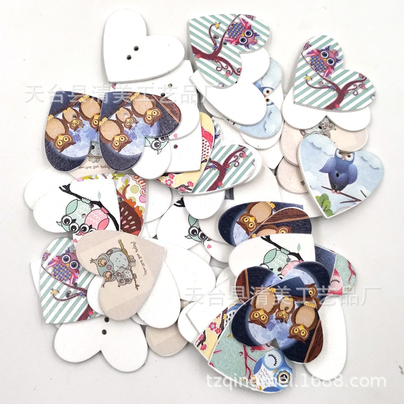 Bricolaje pintado madera búho melocotón corazón botón de madera hecho a mano de los niños botón pintura especial 50 unidades un paquete