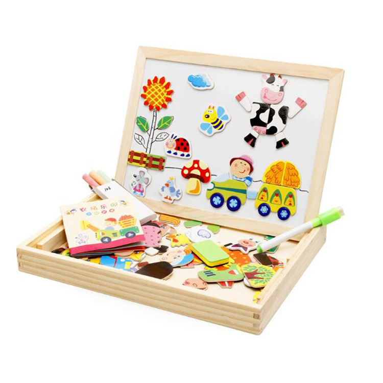 Rompecabezas de madera magnético de doble cara rompecabezas de dibujos animados niña vestir inglés rompecabezas tablero de dibujo juguetes educativos al por mayor