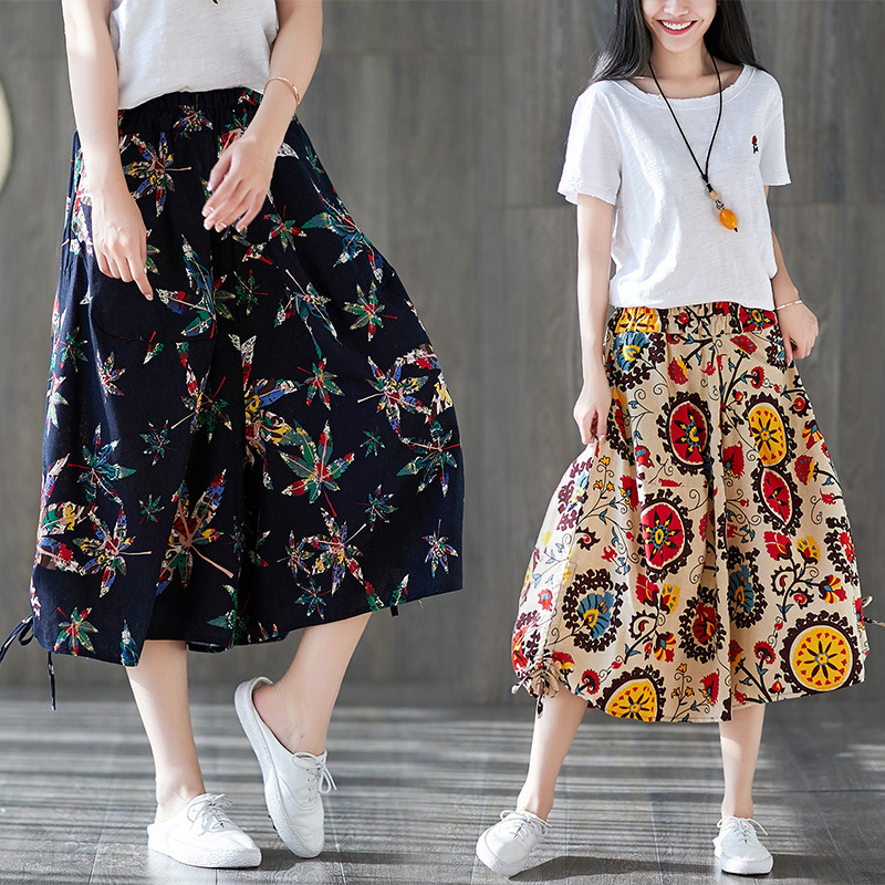 Spring and Autumn New Cotton and Linen Ethnic Style Large Size Bloomers Wide Leg Elastic Waist Cropped Pants