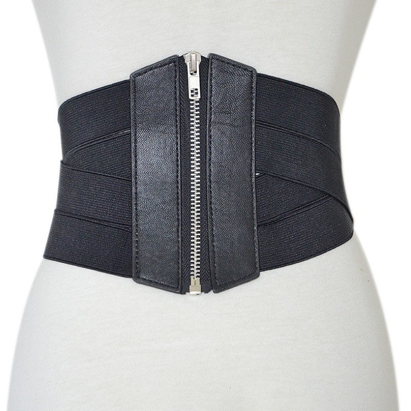 Retro elástico cremallera Correa cintura sello tela camisa decorativa de las mujeres falda cintura cinturón ancho de las mujeres del todo fósforo Negro