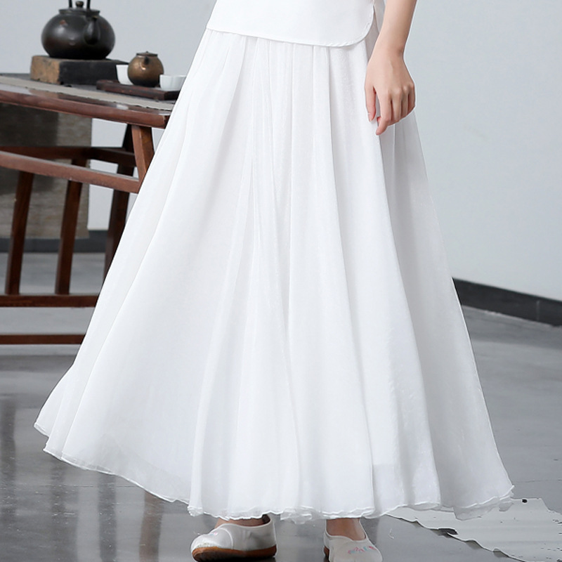 2231 Chinese Style White Long Dress Women's Artistic Skirt Chinese Ethnic Retro Fairy Zen Tea Dress Dance Skirt