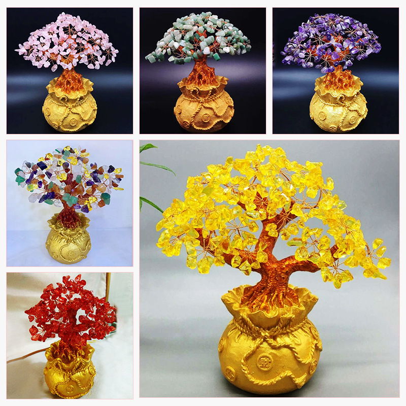 Wholesale Raw Mineral Crystal Tree Money Bag Tree Ornaments Money Bag Pink Yellow Green Amethyst Tree Treasure Tree Money Tree Gifts