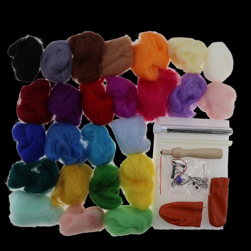 Pure 25-color wool felt pokes material package wholesale needle felt pokes with tools