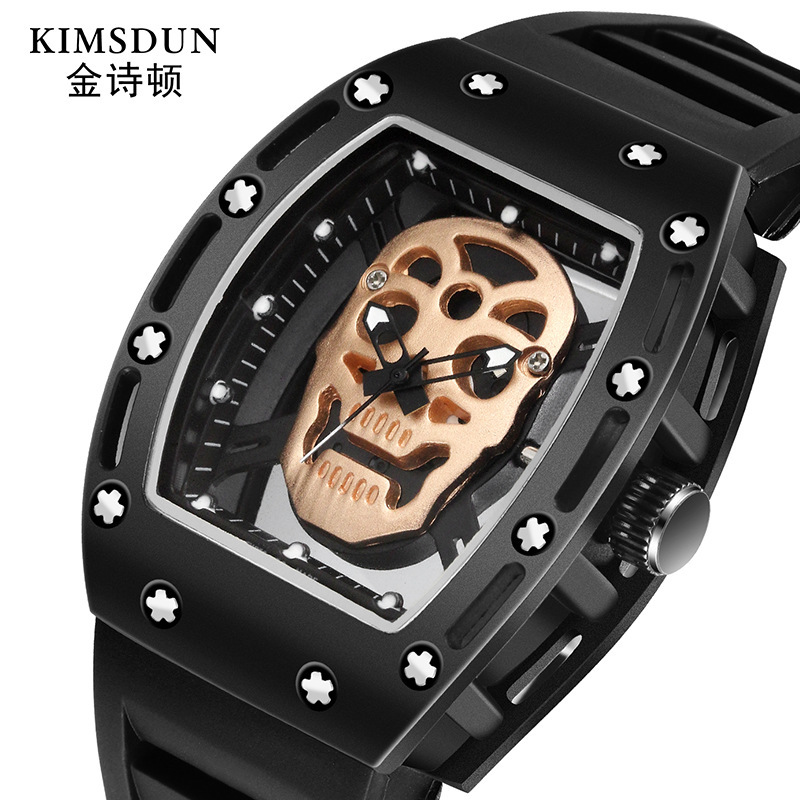 Cross-Border New Kingston Fashion Skull Ghost Head Hollow Men's Watch Barrel Watch Silicone Quartz Watch Wholesale