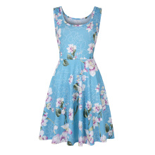 2024欧美女装亚马逊热销印花连衣裙夏日海滩圆领无袖大摆连衣长裙