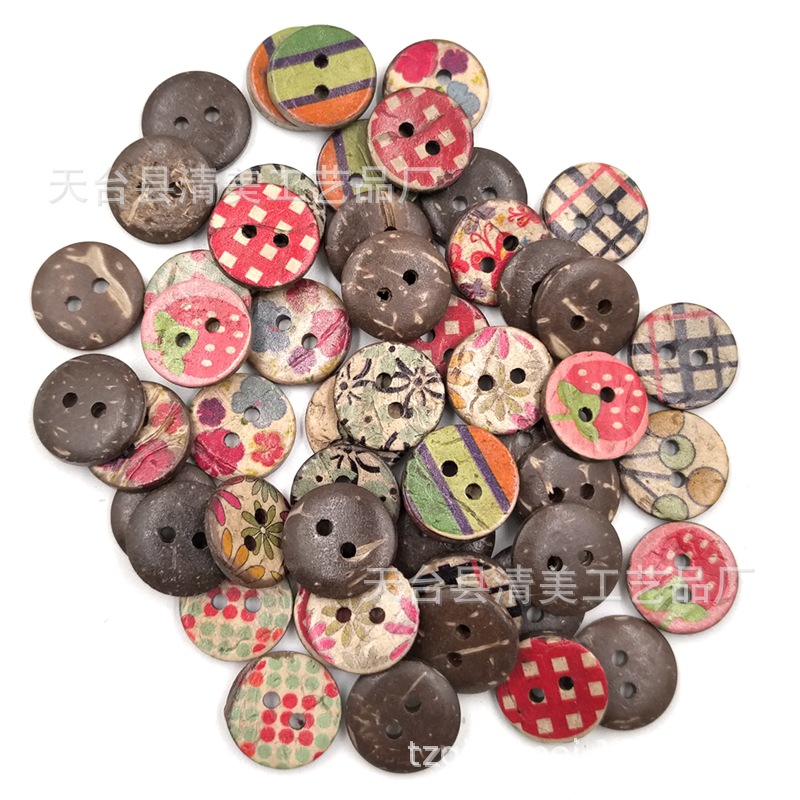 Botón de coco impreso de 15mm botón redondo de dos ojos Botón de cáscara de coco de madera 50 piezas un paquete