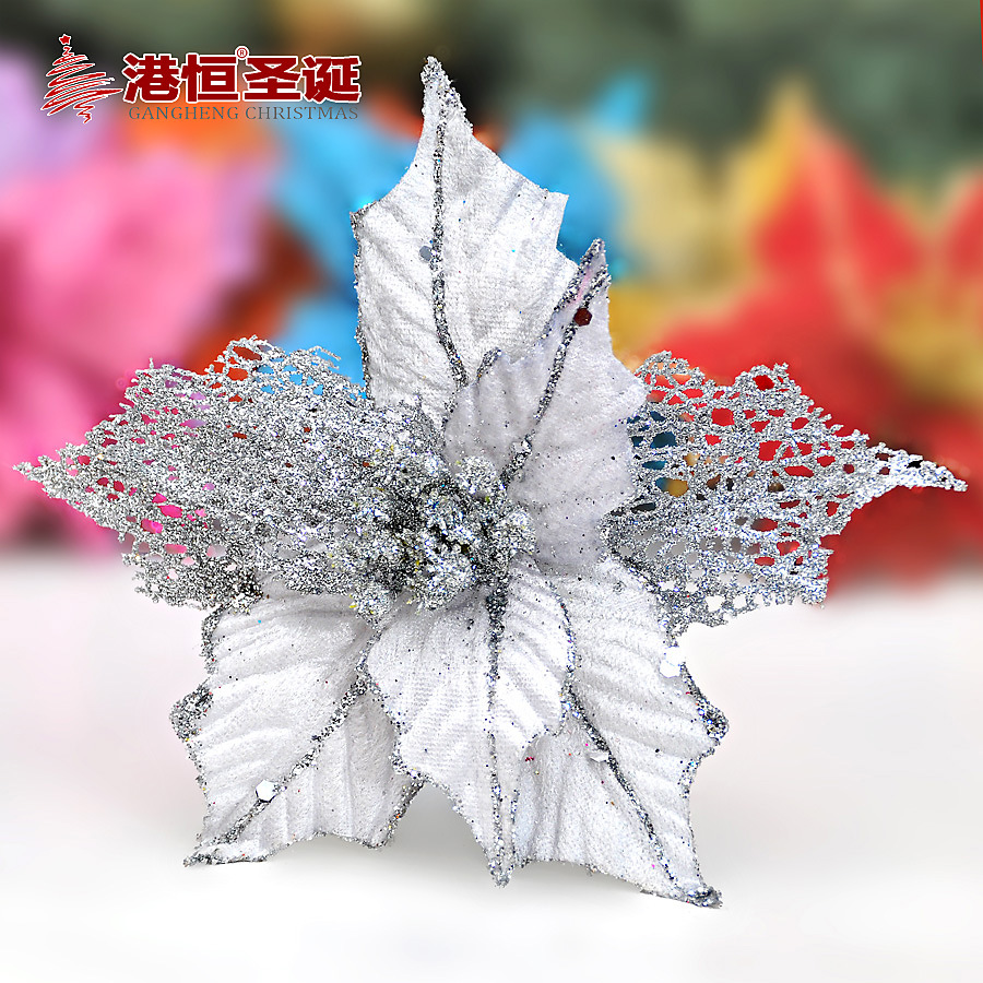 Adorno de flores artificiales de doble capa con adhesivo hueco, flor de 16 cm, árbol de Navidad, adornos de Navidad, decoración navideña