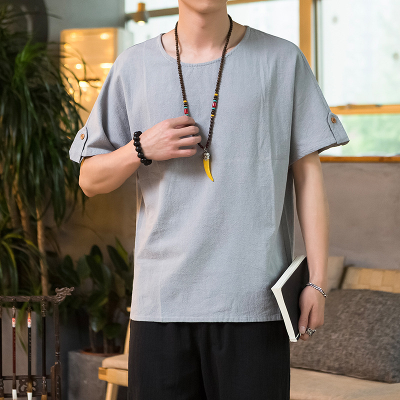 DX8008 Summer Men's Casual Chinese Style Round Neck Short-sleeved T-shirt Cotton and Linen Vintage Solid Color Thin Base Shirt for Men