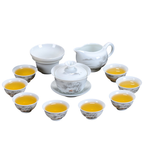 Factory direct sales Kung Fu tea set ceramic tea cup white porcelain complete set blue and white tea cup lid bowl tea set can be made with logo