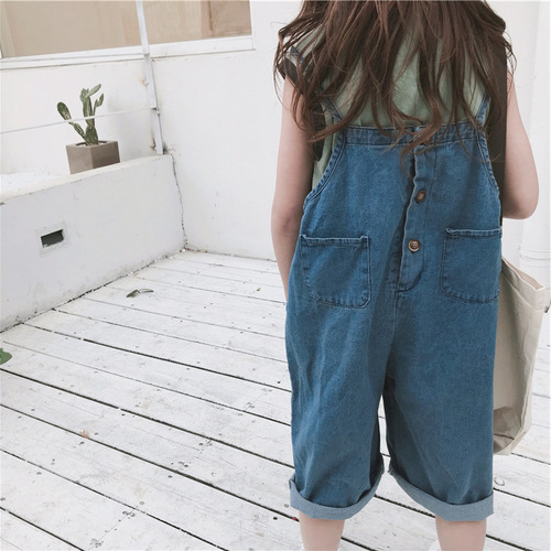 New summer style children's clothing, Korean style reversible overalls for girls, solid color denim wide leg pants for middle and large children