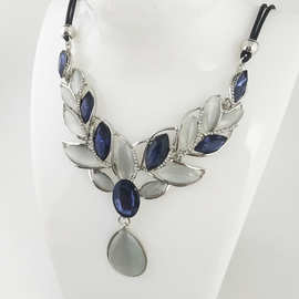 速卖通热款韩版猫眼石吊坠项饰气质典雅简约双层皮绳项链