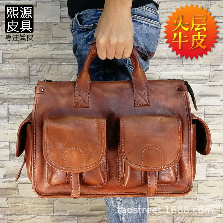 原创真皮男士手提包 植鞣头层牛皮 擦色复古做旧手工包电脑公文包