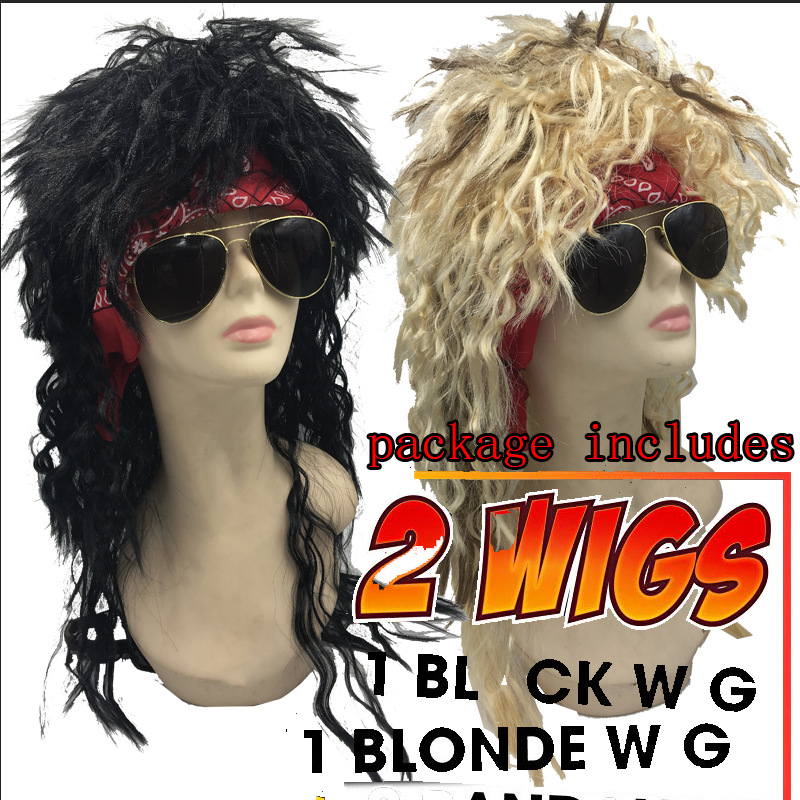 Europa y América 80's vintage mecedora estilo largo y rizado pelo mullido maíz caliente fideos instantáneos rollo negro explosión cabeza roca peluca